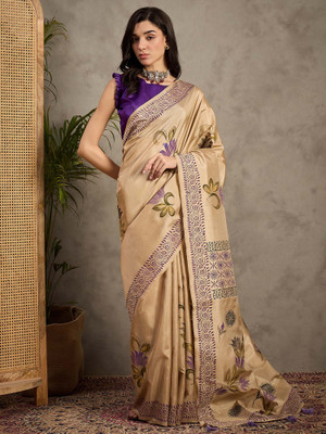 Tasrika Printed Banarasi Silk Blend Saree(Beige)