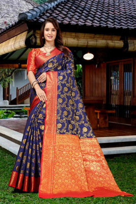 Aksh Fashion Woven Banarasi Silk Blend, Jacquard Saree(Blue, Orange)