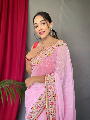 HouseOfCommon Checkered, Embroidered Bollywood Georgette Saree(Pink)