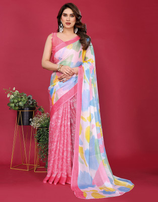all about you Printed Daily Wear Chiffon Saree(Multicolor, Pink)