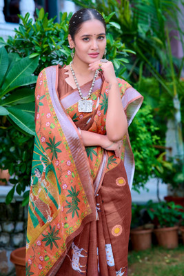 NAARI Printed Bollywood Linen Saree(Brown)