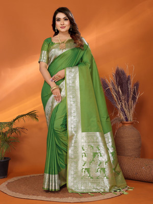 Just Aura Creation Solid/Plain Banarasi Silk Blend Saree(Green)