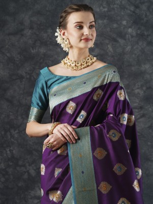 Sareemall Woven Banarasi Silk Blend Saree(Purple)