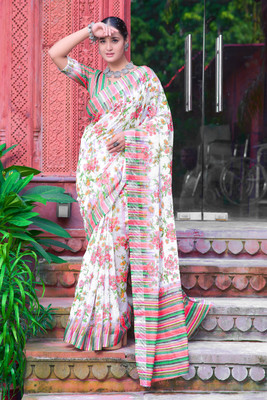 PHEASANT Printed Daily Wear Cotton Linen Saree(Multicolor)