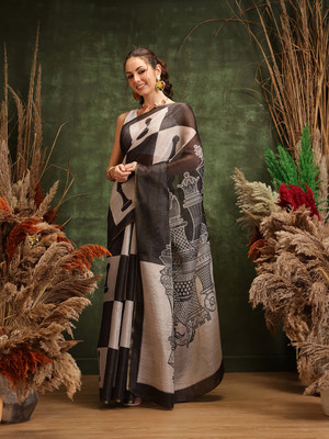 Divastri Digital Print Chanderi Cotton Blend Saree(Black)