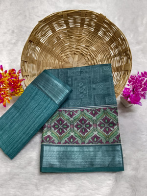 HouseOfCommon Printed, Striped Kanjivaram Pure Cotton, Cotton Linen Saree(Dark Green)