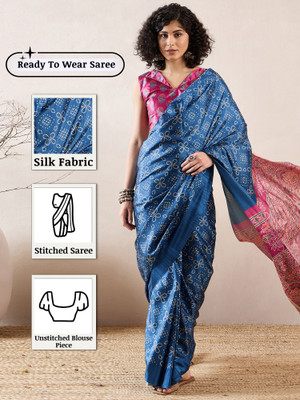 Sareemall Digital Print Bandhani Silk Blend Saree(Blue)