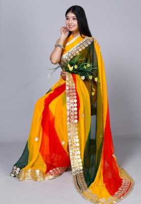 BL creations Striped, Embroidered, Hand Painted, Woven, Embellished Leheria Chiffon Saree(Multicolor)