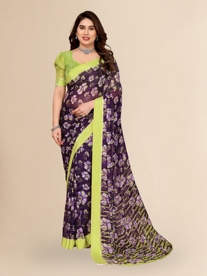 Moda Rapido Printed Bollywood Georgette, Satin Saree(Purple, White)