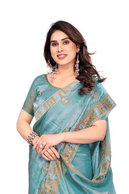 KHRITI FAB Embroidered Bollywood Silk Blend Saree(Light Blue)