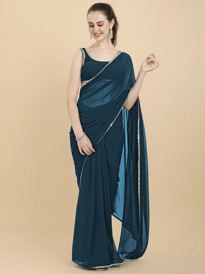 FORKEY Solid/Plain, Self Design, Embellished Bollywood Georgette Saree(Blue)