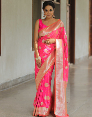 Divastri Woven, Embellished Banarasi Silk Blend, Jacquard Saree(Pink)