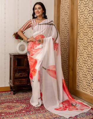 Samah Floral Print, Printed Daily Wear Georgette Saree(Red, White)