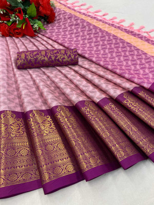 Radhe designer Self Design Kanjivaram Silk Blend, Cotton Silk Saree(Pink)