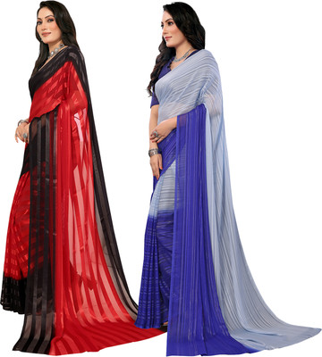 Moda Rapido Self Design, Striped, Ombre Bollywood Satin Saree(Pack of 2, Red, Black)
