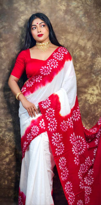 TAJS TEXTILE Floral Print, Printed Hand Batik Cotton Blend Saree(Red, White)