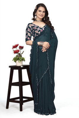GRIFEZ Solid/Plain Bollywood Georgette Saree(Light Blue)