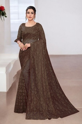 Nexafashion Self Design Bollywood Net Saree(Brown)