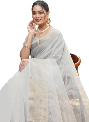 HouseOfCommon Solid/Plain, Woven Bandhani Organza Saree(White)