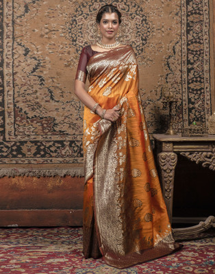 Samah Woven, Embellished, Self Design Banarasi Art Silk Saree(Orange, Brown)