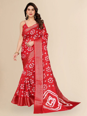 Moda Rapido Printed Bandhani Cotton Blend Saree(Red)