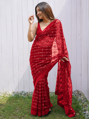 Divastri Embellished Bollywood Net Saree(Red)