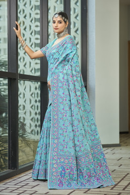 Sariya Woven Kalamkari Jacquard, Silk Blend Saree(Light Blue)