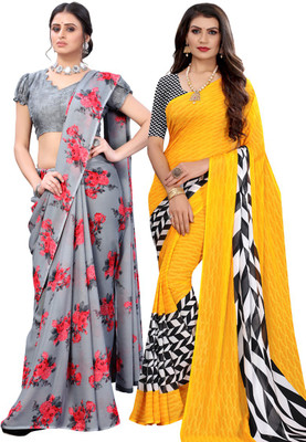 Priyashi Printed Daily Wear Georgette Saree(Pack of 2, Yellow)
