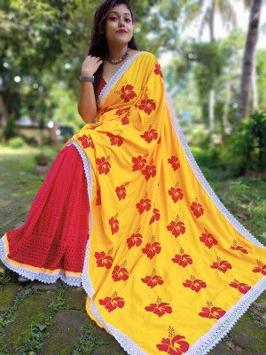 Fab Embroidered Bollywood Pure Cotton Saree(Yellow)