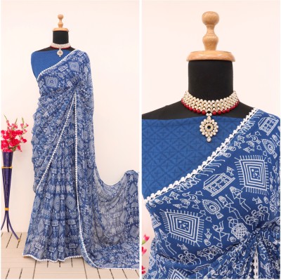 DAZLIO Printed Mysore Georgette Saree(Blue)