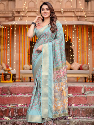 ZAMUNA Digital Print, Floral Print, Woven, Animal Print Banarasi Tussar Silk, Linen Saree(Light Green)