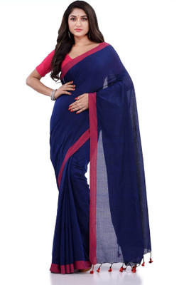 Bhadra Solid/Plain, Self Design Handloom Handloom Pure Cotton Saree(Dark Blue, Red)