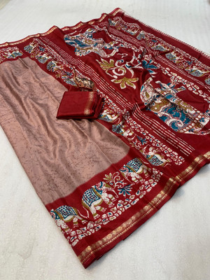 2SD gratitude Printed Kalamkari Cotton Linen, Dupion Silk Saree(Maroon)