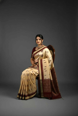 Tilfelle Woven, Temple Border Sambalpuri Silk Blend Saree(Cream, Maroon)