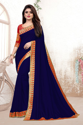 SAMRUDDHI TRENDZ Solid/Plain Bollywood Silk Blend Saree(Dark Blue)