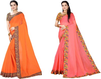 manish Solid/Plain Chanderi Cotton Blend Saree(Pack of 2, Pink, Orange)