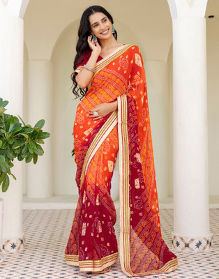 all about you Printed Bandhani Georgette, Chiffon Saree(Red, Orange, Multicolor)
