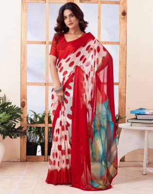 Divastri Printed, Striped Daily Wear Georgette Saree(Red, White)