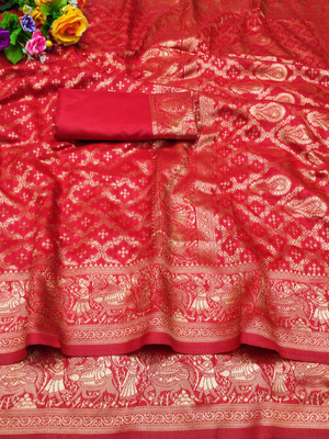 INITHI Woven Baluchari Silk Blend Saree(Red)