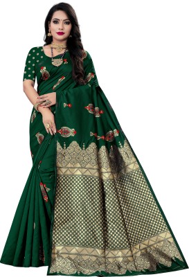 ZAKHRO Self Design Chanderi Cotton Silk Saree(Green)