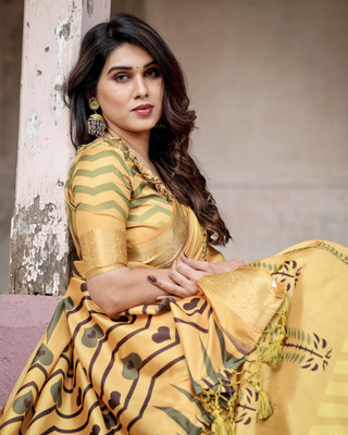 ALMAARI FASHION Digital Print Kalamkari Cotton Silk Saree(Yellow)