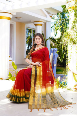 Aarunika SKT Woven Bollywood Organza Saree(Red, Yellow)