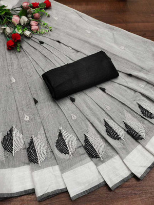 Vleez Embroidered Bollywood Cotton Silk Saree(Grey)