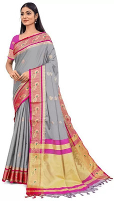 Upalksh Woven, Printed, Applique, Embellished Maheshwari Cotton Silk, Jacquard Saree(Grey)