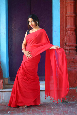 SARADA HANDLOOM Solid/Plain Daily Wear Pure Cotton Saree(Red)