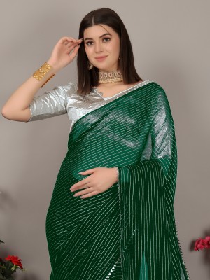 Aadishakti Fashion Striped Bhagalpuri Georgette Saree(Dark Green)