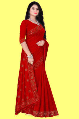 nevya creation Embellished Baluchari Georgette, Satin Saree(Red)