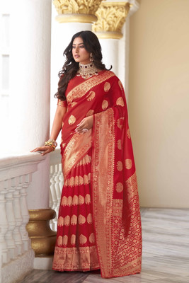 Sariya Woven Banarasi Jacquard, Silk Blend Saree(Red)