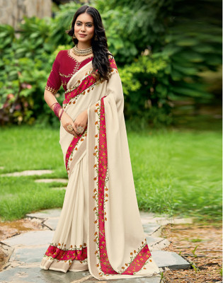 Satrani Solid/Plain, Printed Bollywood Tussar Silk Saree(Cream, Multicolor)