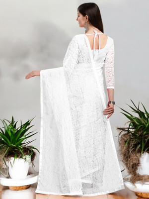 NEXA Self Design Bollywood Net Saree(White)